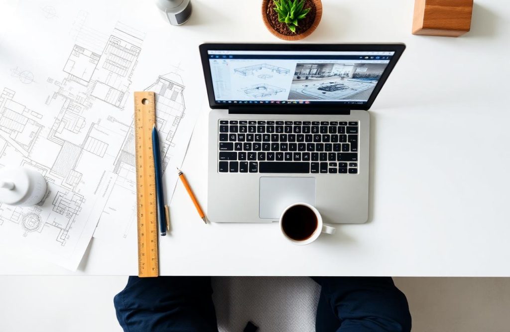 Bouwkundig tekenwerk op bureau met laptop en tekeningen
