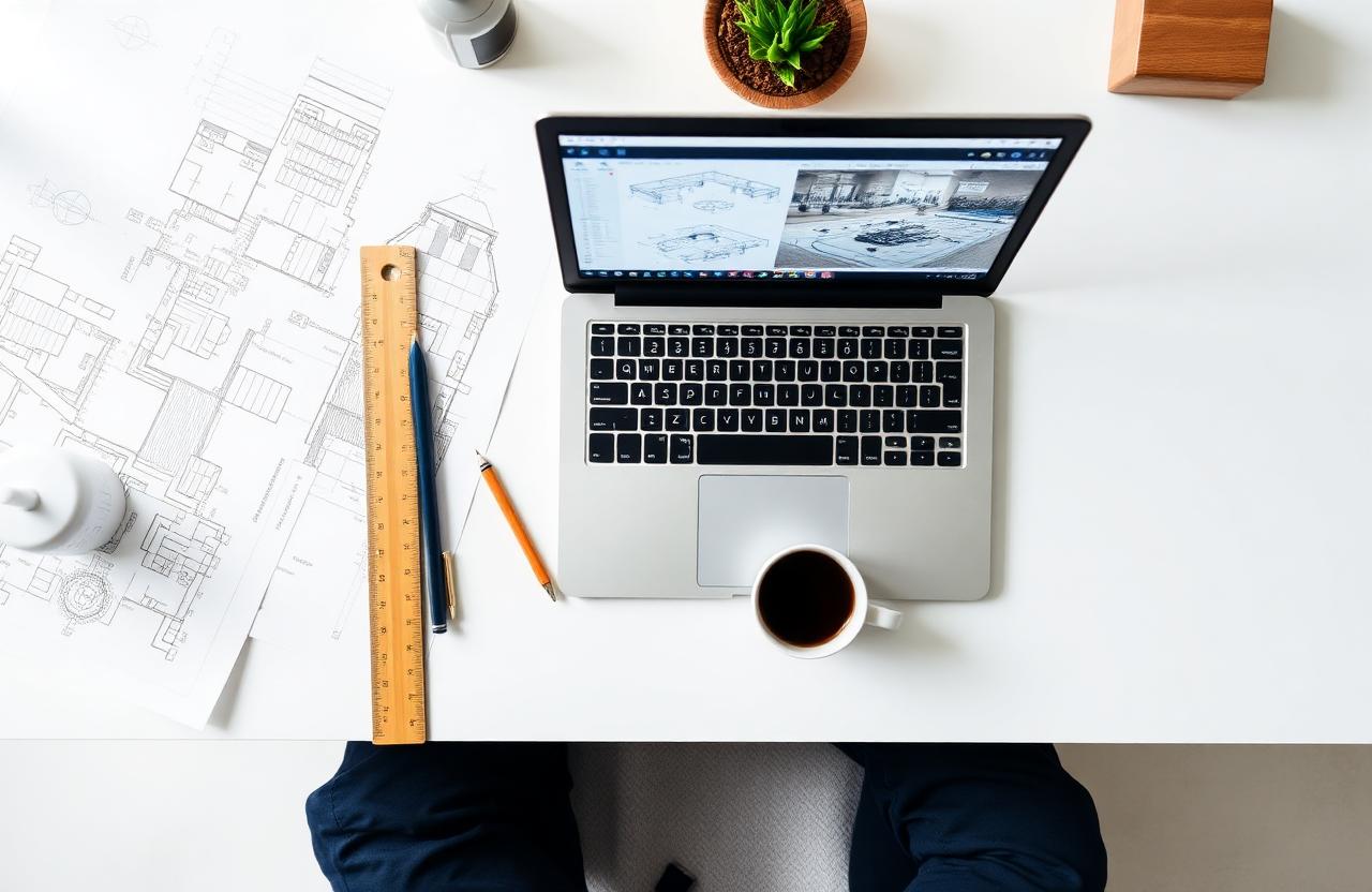 Bouwkundig tekenwerk op bureau met laptop en tekeningen